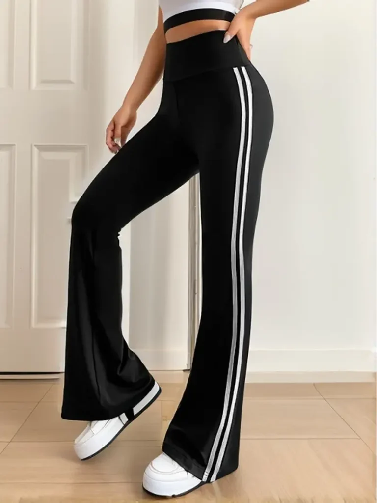 Pantalones acampanados de cintura alta para mujer, rayas deportivas en contraste, elástico, pantalones largos casuales..