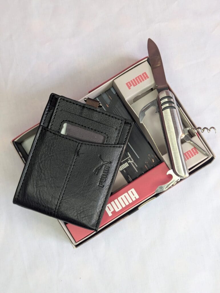 Conjuntos de billeteras y navaja para hombres, combos con carteras de cuero sintético con navajas metálica, set, pack