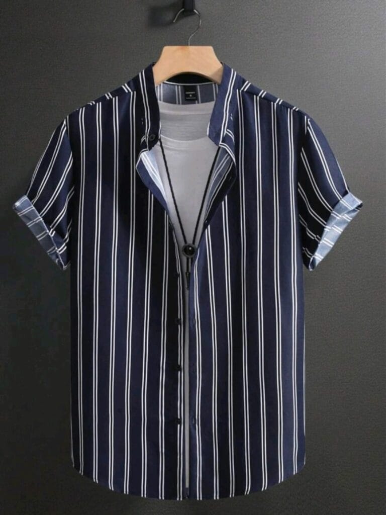 Manfinity Dauomo Hombres Camisa con estampado de rayas, camisas para caballeros, camisas de vestir mangas cortas franjas verticales azul, azul oscuro y blacas, blancos