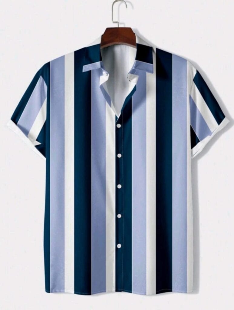 Manfinity Dauomo Hombres Camisa con estampado de rayas, camisas para caballeros, camisas de vestir mangas cortas franjas verticales azules, celestes y blancas, blancos