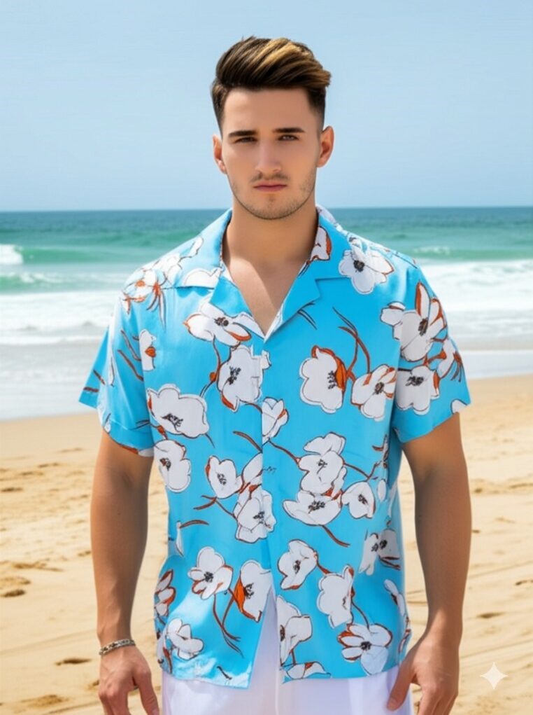 Camisa estampada playera de botones de vestir para hombres