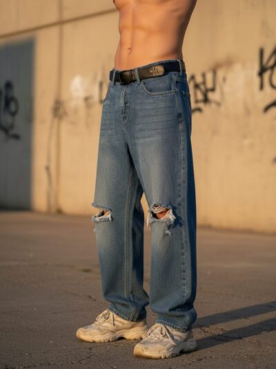 Pantalón Baggy para hombres (Pantalón+Faja) marca REDOX, flojos de mezclilla rasgados