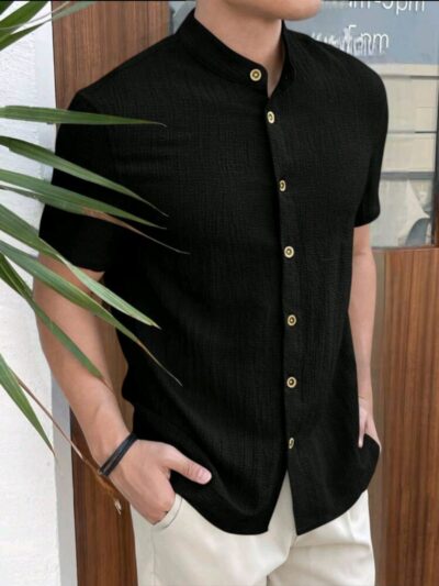 Manfinity VCAY Camisa tejida de manga corta, casual y de unicolor para hombre negro