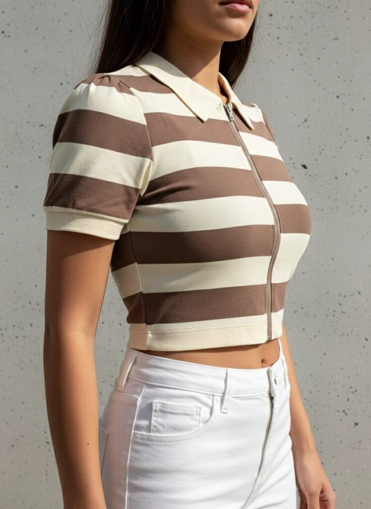 Blusas para damas de algodón, camisas para mujeres a rayas con zippers, estilo polo de cuello (sport)con escarcha