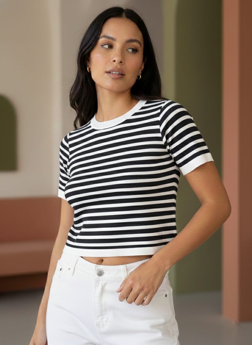 Crop top, camisas para mujeres a rayas, blusas de damas de algodón, camisas de cuello redondo