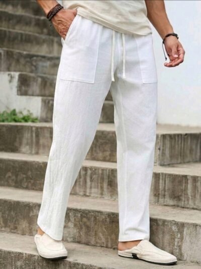 Pantalón de Lino Blanco Ligero con Bolsillos de Parche Delanteros para hombres (Ideal para verano), corte recto (Regular fit)