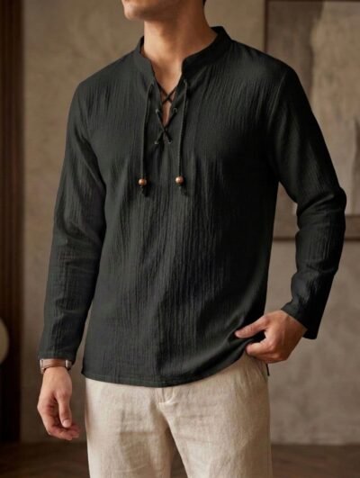 Camisa de Lino estilo Vikinga de verano con textura y cordones para hombres