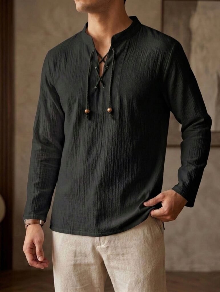 Camisa de Lino estilo Vikinga de verano con textura y cordones para hombres